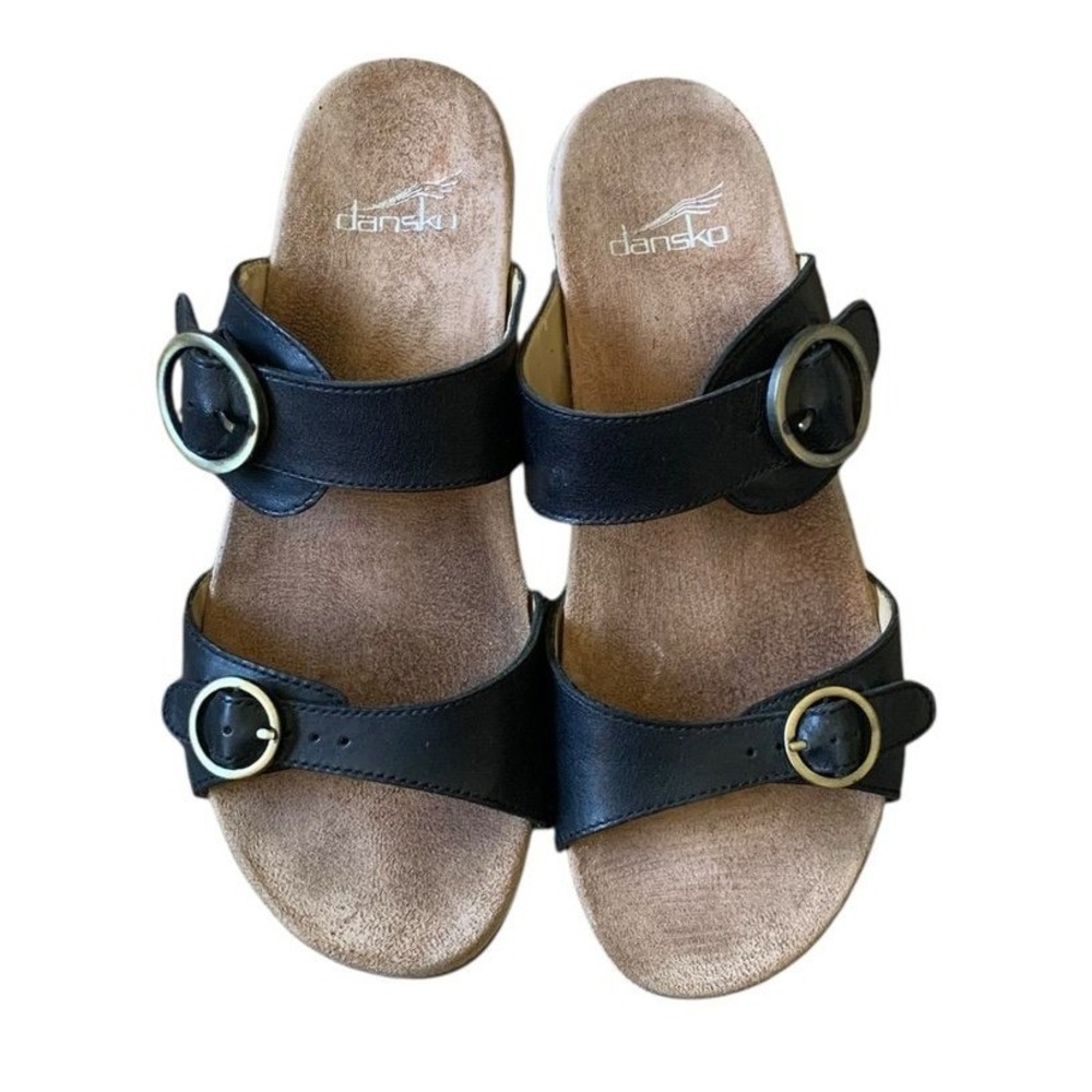 Dansko Slide‎ Sandals Womens 39 Black Leather Buckle Wedge Clog Ergonomic Boho